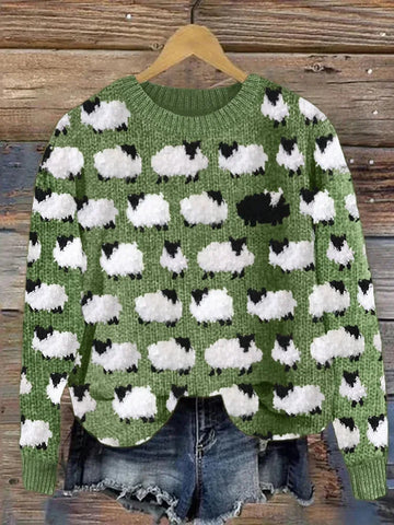 Women's sheep pattern winter jumper with round neck in Green