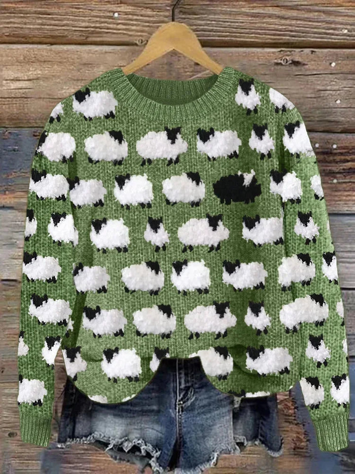 Women's sheep pattern winter jumper with round neck in Green
