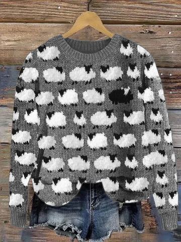 Women's sheep pattern winter jumper with round neck in Grey