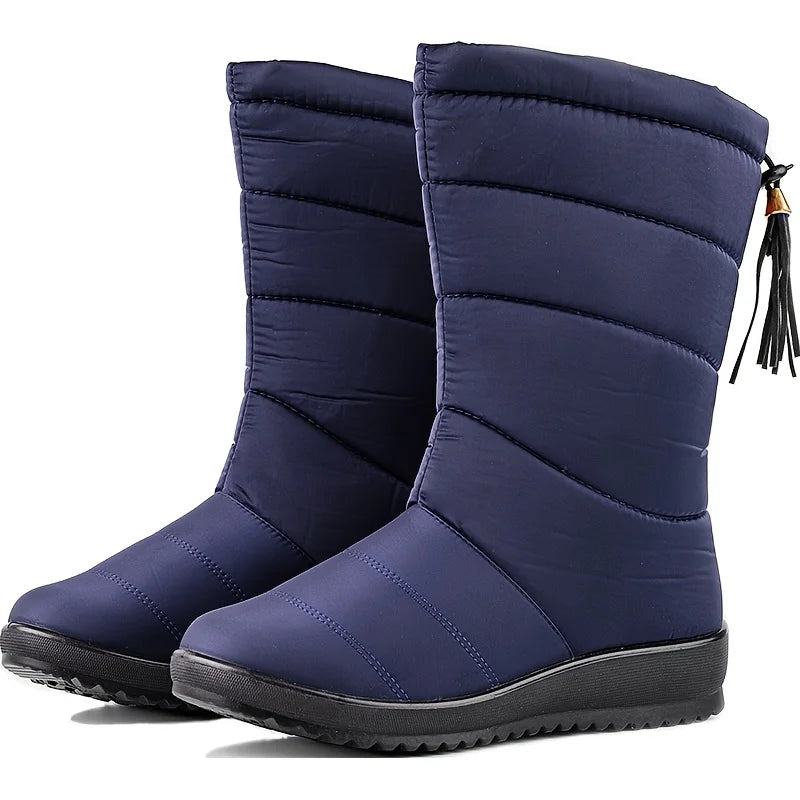 Women's quilted mid-calf winter snow boots with faux fur lining in Blue