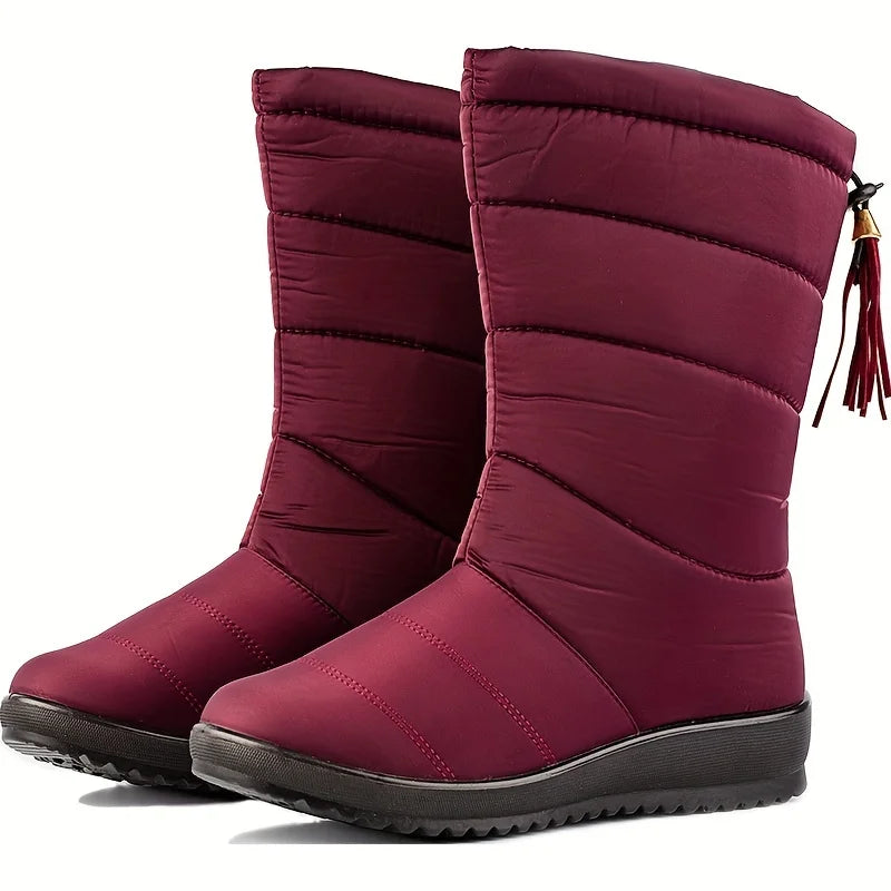 Women's quilted mid-calf winter snow boots with faux fur lining in Red