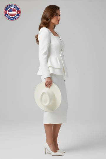 Women’s Square Neck Blazer and Skirt Suit - White