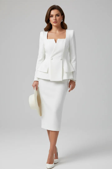 Women’s Square Neck Blazer and Skirt Suit - White