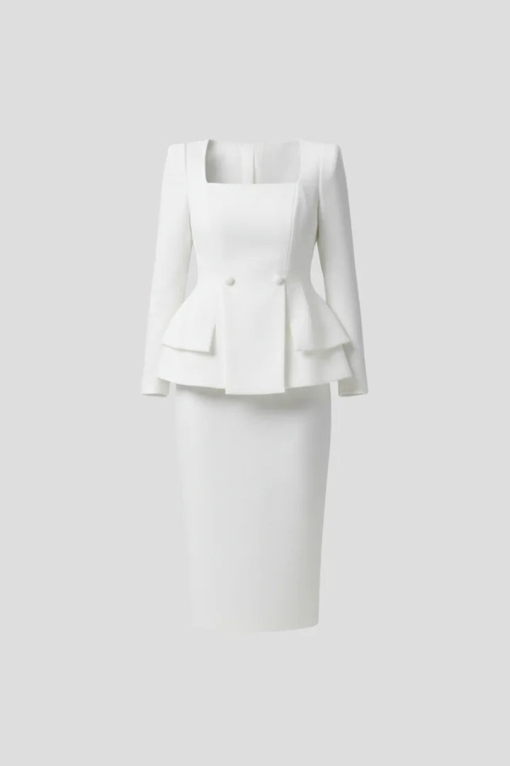 Women’s Square Neck Blazer and Skirt Suit - White