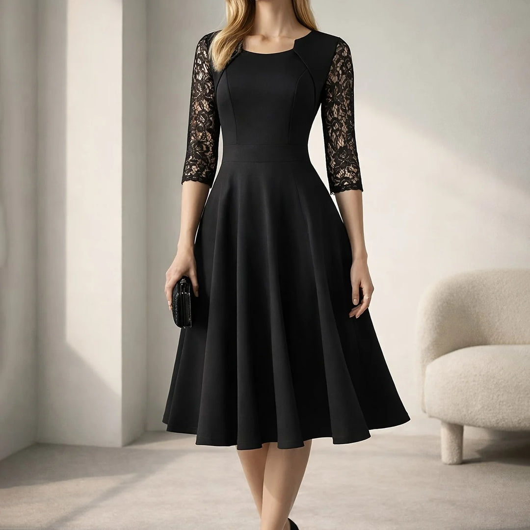 Women's square neck lace midi party winter dress in Black