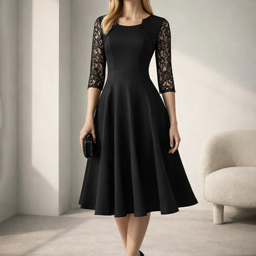 Women's square neck lace midi party winter dress in Black