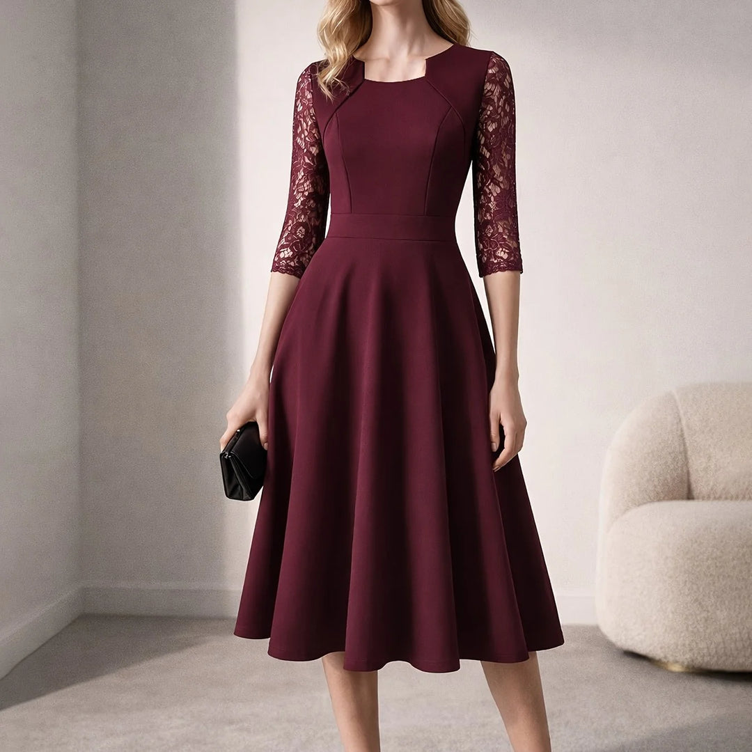 Women's square neck lace midi party winter dress in Burgundy