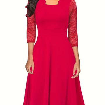 Women's square neck lace midi party winter dress in Burgundy
