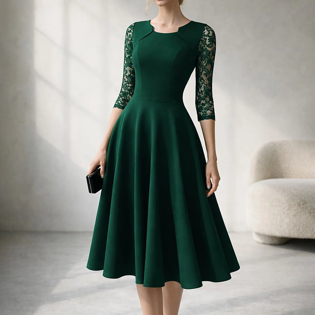 Women's square neck lace midi party winter dress in Dark Green
