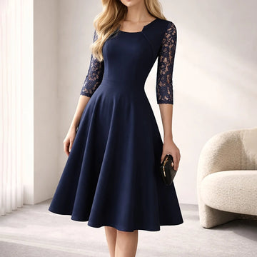 Women's square neck lace midi party winter dress in Navy Blue