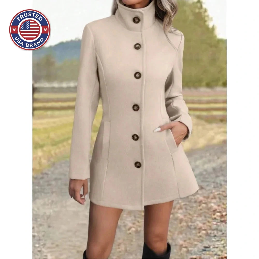 Women's stand collar long winter wool coat
