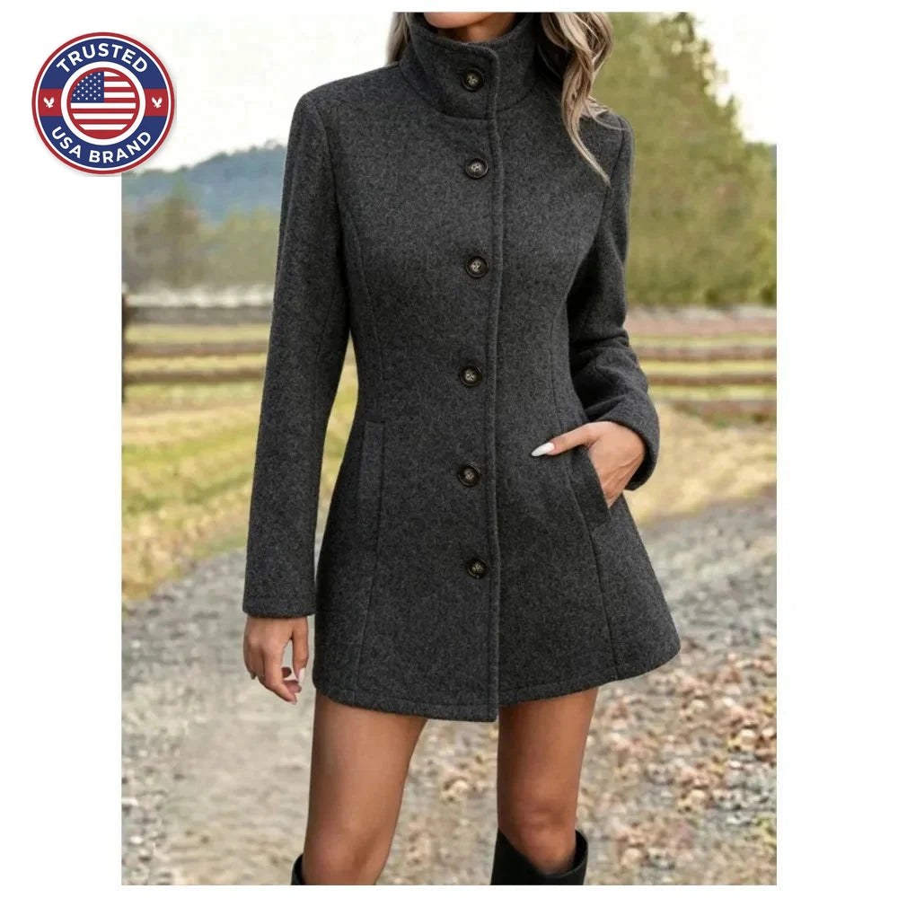 Women's stand collar long winter wool coat