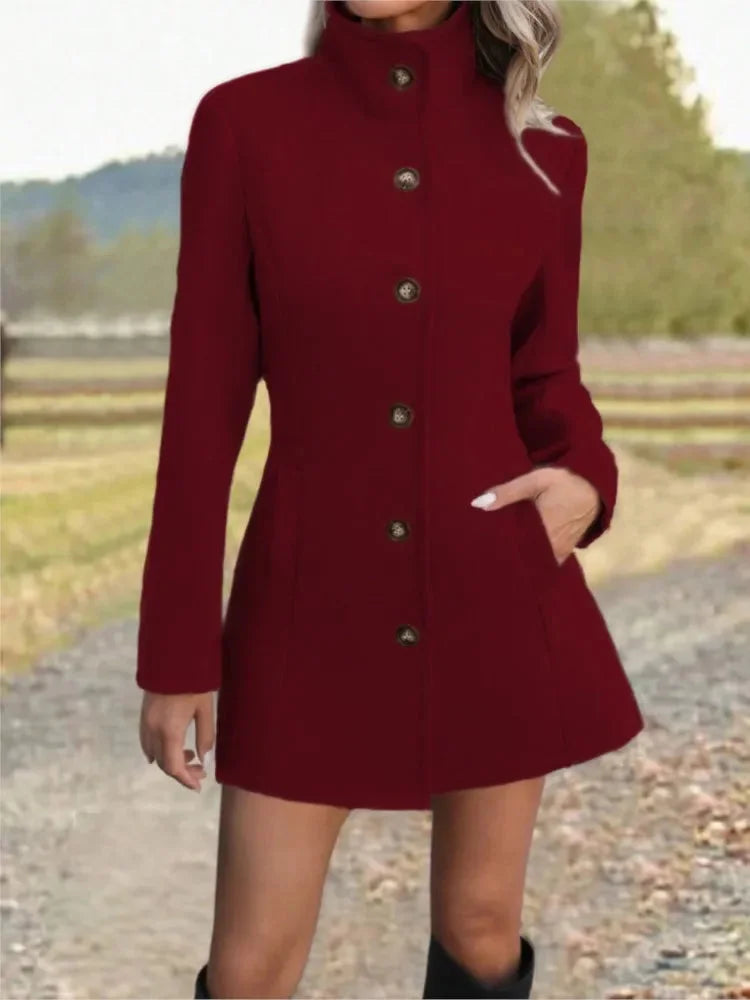 Women's stand collar long winter wool coat in Burgundy