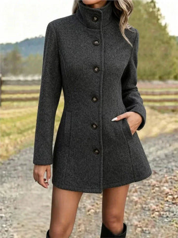 Women's stand collar long winter wool coat in Dark Gray