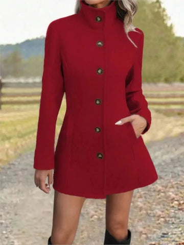 Women's stand collar long winter wool coat in Red