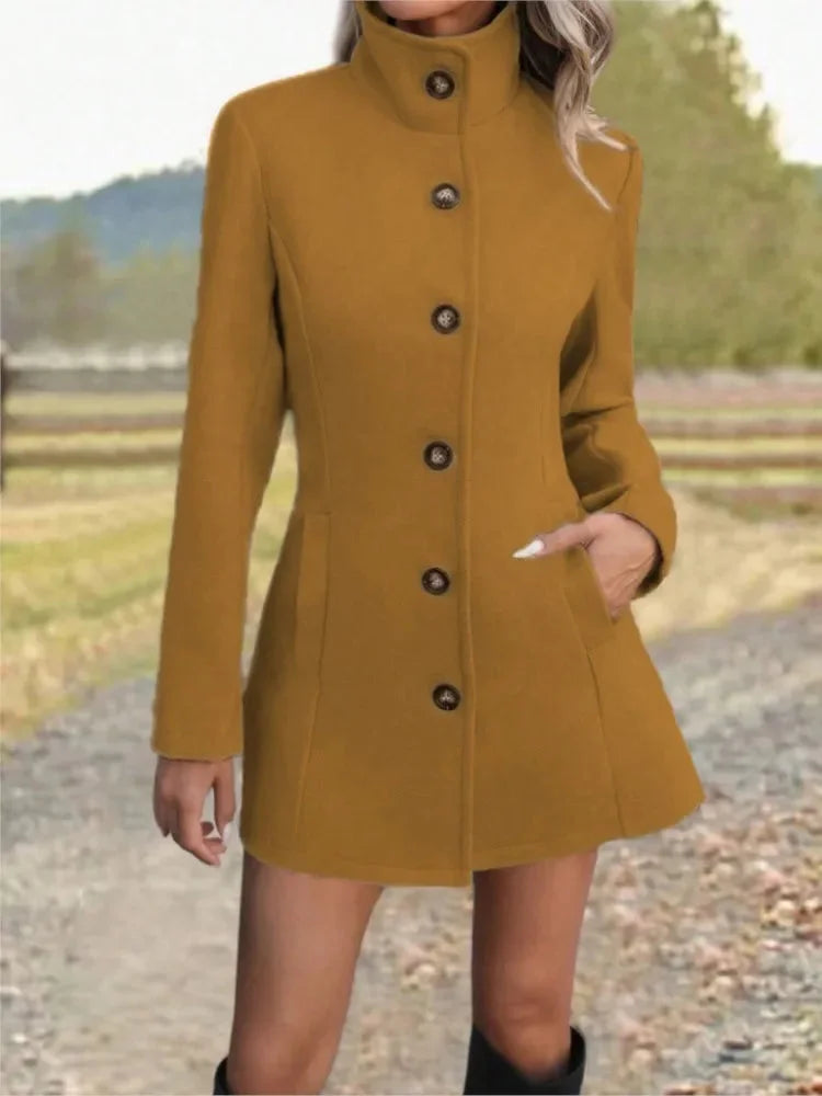 Women's stand collar long winter wool coat in Yellow