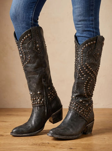Women's studded knee-high orthopedic winter cowboy boots pointed toe in Black