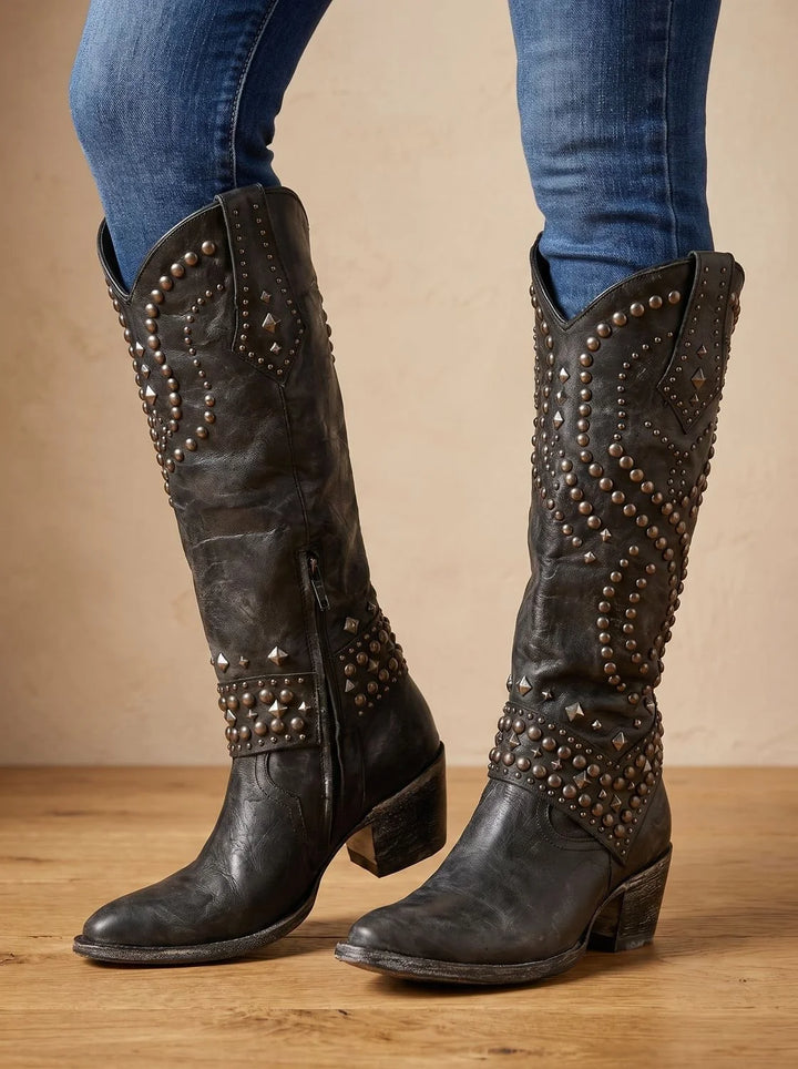 Women's studded knee-high orthopedic winter cowboy boots pointed toe in Black