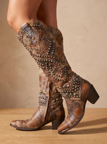 Women's studded knee-high orthopedic winter cowboy boots pointed toe in Brown