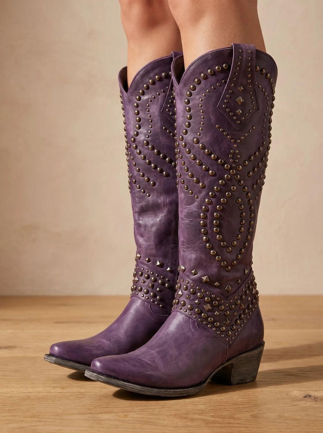 Women's studded knee-high orthopedic winter cowboy boots pointed toe in Purple