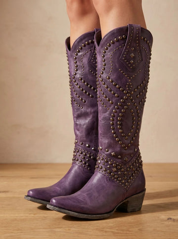 Women's studded knee-high orthopedic winter cowboy boots pointed toe in Purple