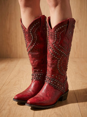 Women's studded knee-high orthopedic winter cowboy boots pointed toe in Red