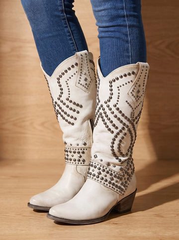 Women's studded knee-high orthopedic winter cowboy boots pointed toe in White