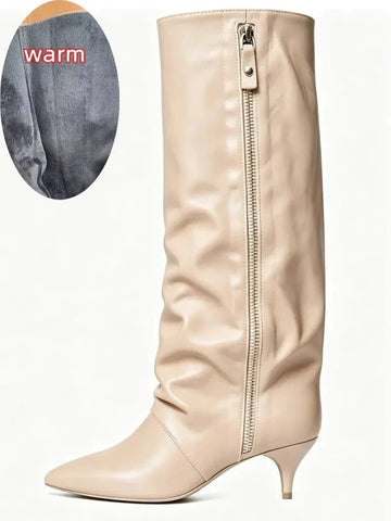 Women's suede kitten heel knee-high winter boots in Faux Leather Apricot Velvet