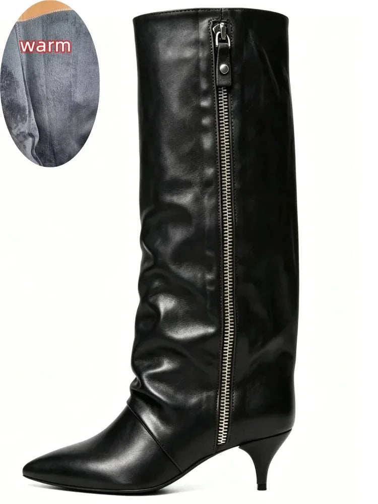 Women's suede kitten heel knee-high winter boots in Faux Leather Black Velvet