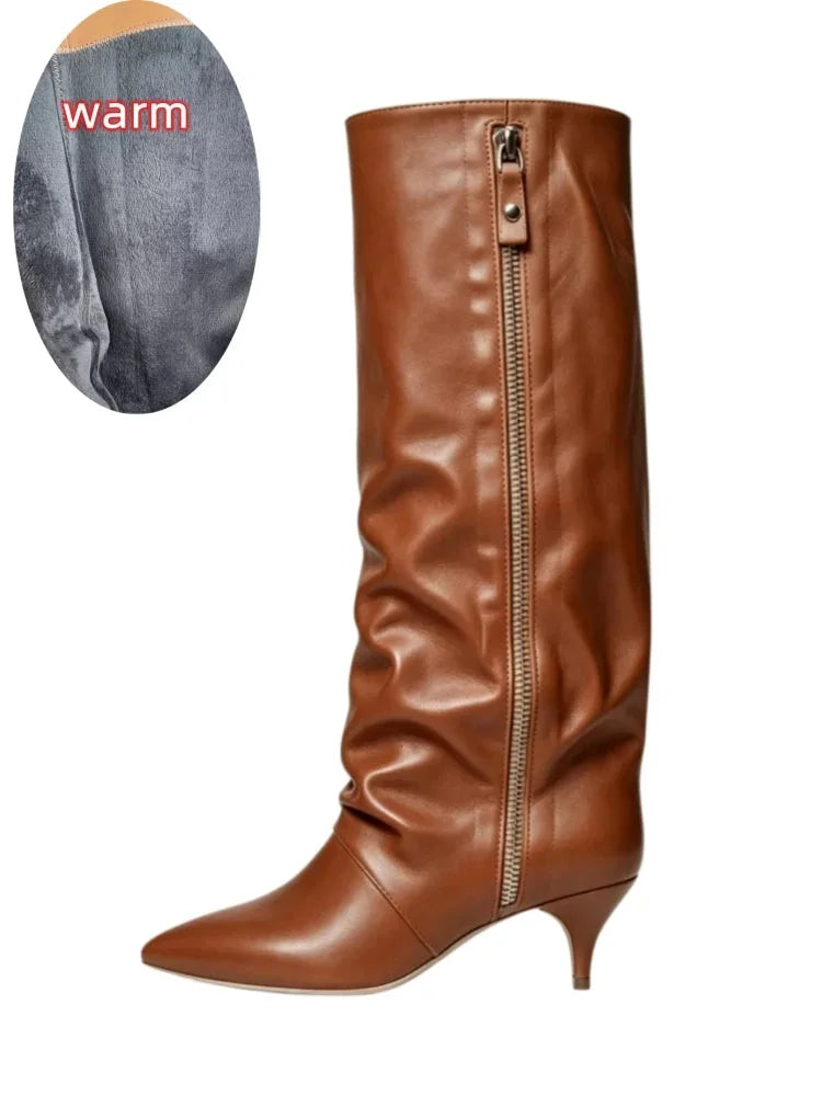 Women's suede kitten heel knee-high winter boots in Faux Leather Brown Velvet