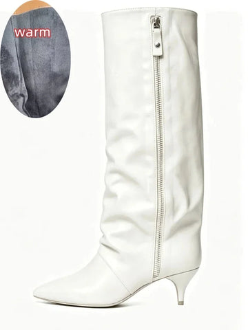 Women's suede kitten heel knee-high winter boots in Faux Leather White Velvet