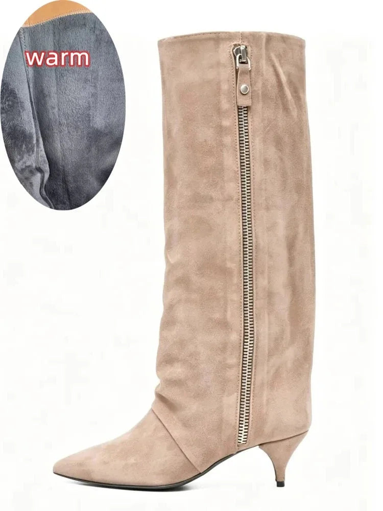 Women's suede kitten heel knee-high winter boots in Suede Apricot Velvet