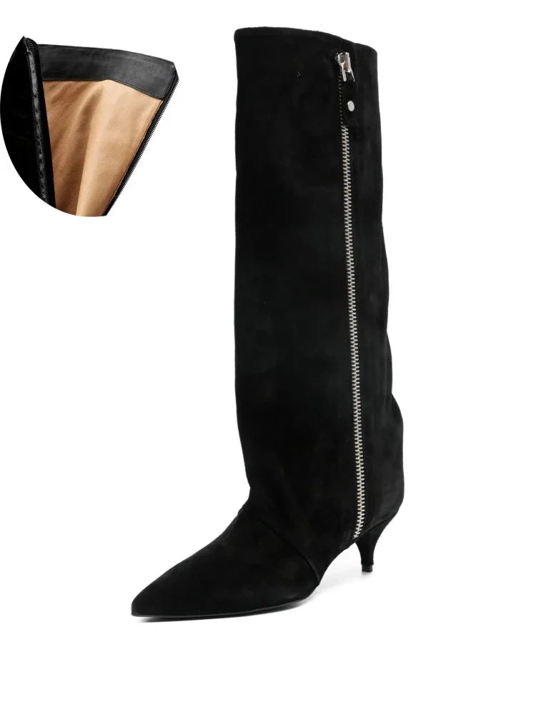 Women's suede kitten heel knee-high winter boots in Suede Black