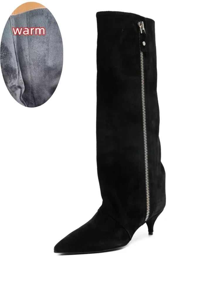 Women's suede kitten heel knee-high winter boots in Suede Black Velvet