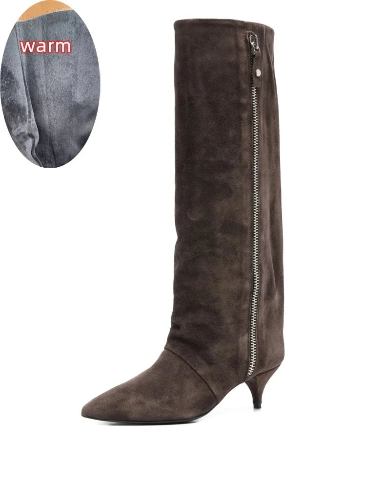 Women's suede kitten heel knee-high winter boots in Suede Brown Velvet