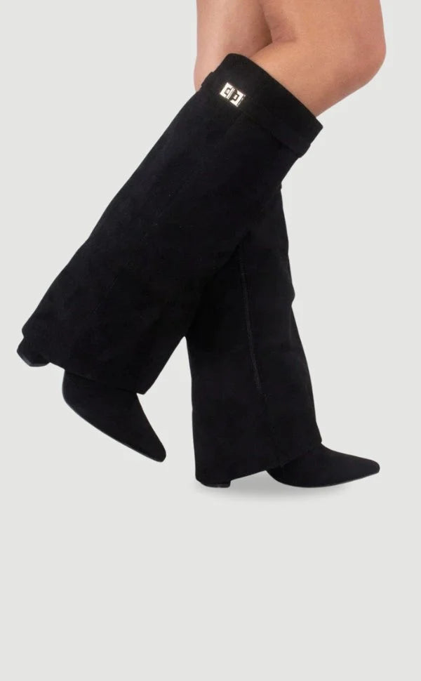 Women's Suede Knee High Boots with Gold Hardware - Black Suede
