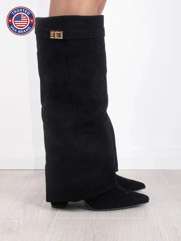 Women's Suede Knee High Boots with Gold Hardware - Black Suede