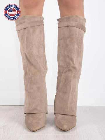 Women's Suede Knee High Boots with Gold Hardware - Black Suede