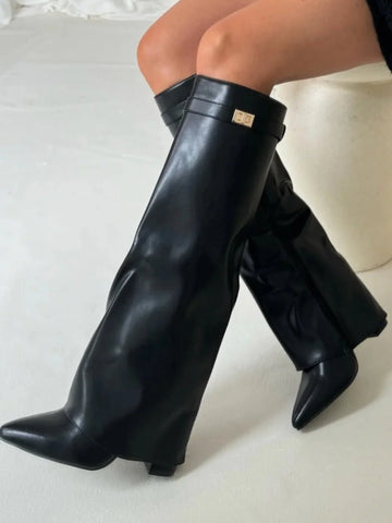 Women's Suede Knee High Boots with Gold Hardware - Black Suede