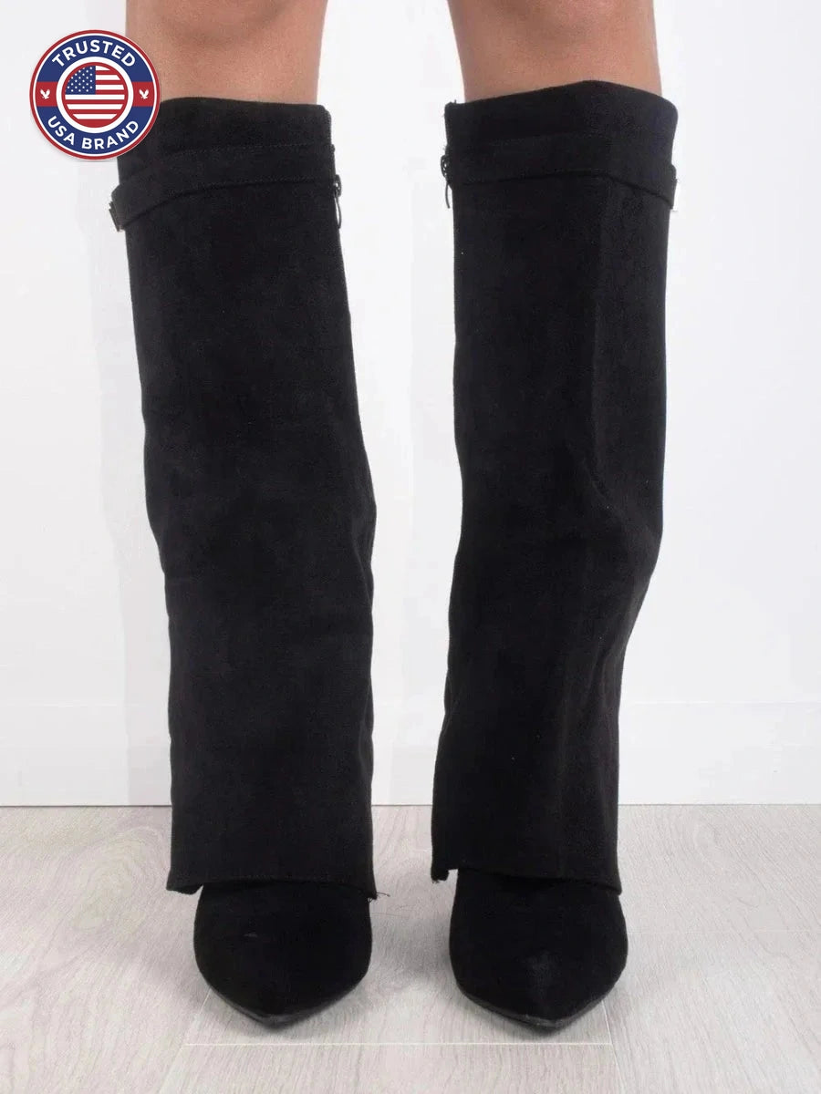 Women's Suede Knee High Boots with Gold Hardware - Black Suede