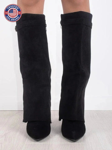 Women's Suede Knee High Boots with Gold Hardware - Black Suede