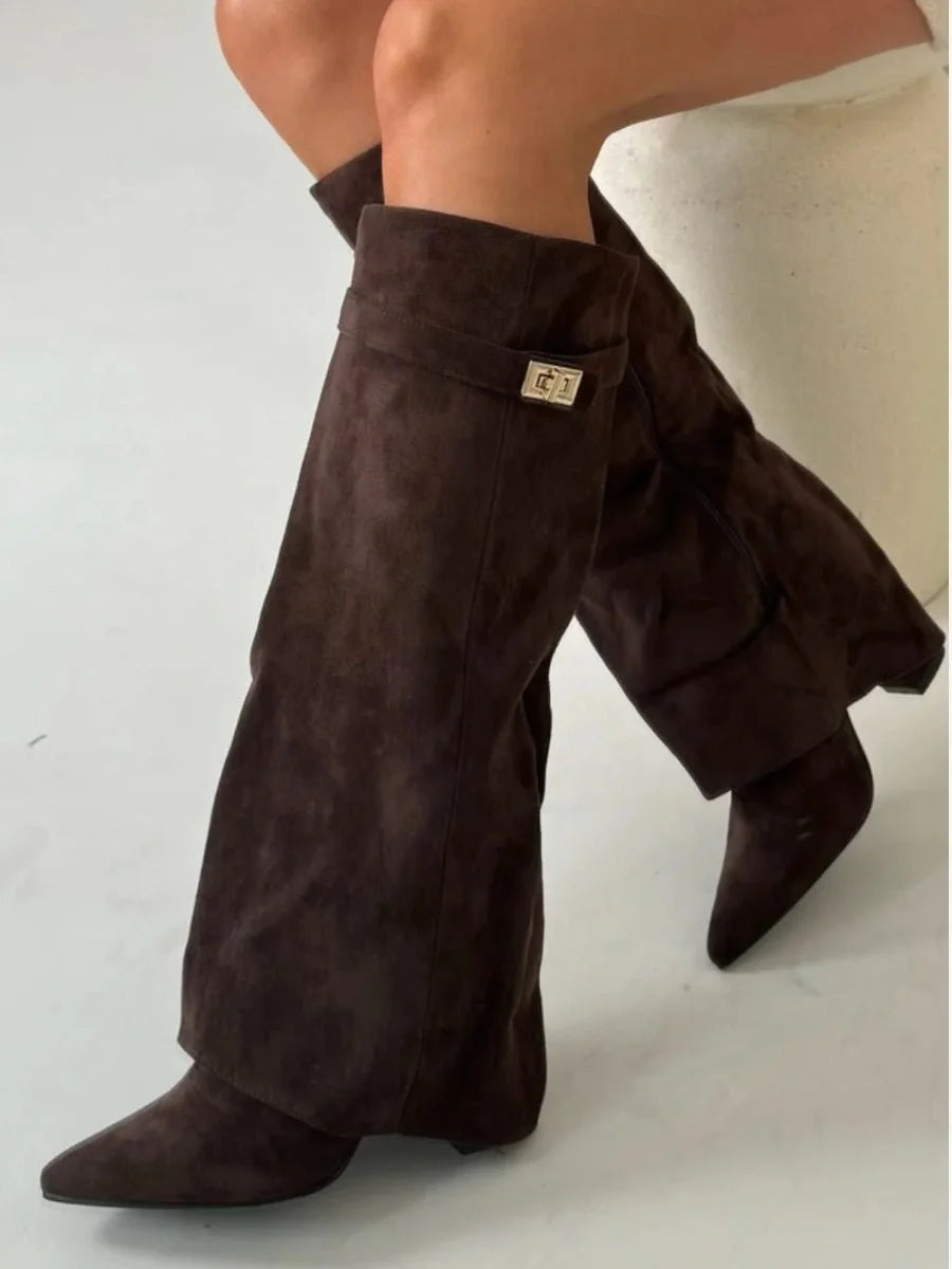 Women's Suede Knee High Boots with Gold Hardware - Black Suede