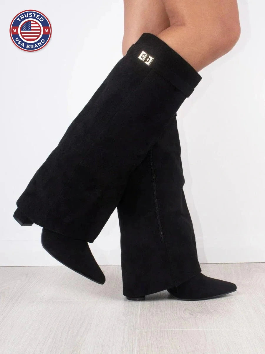 Women's Suede Knee High Boots with Gold Hardware - Black Suede