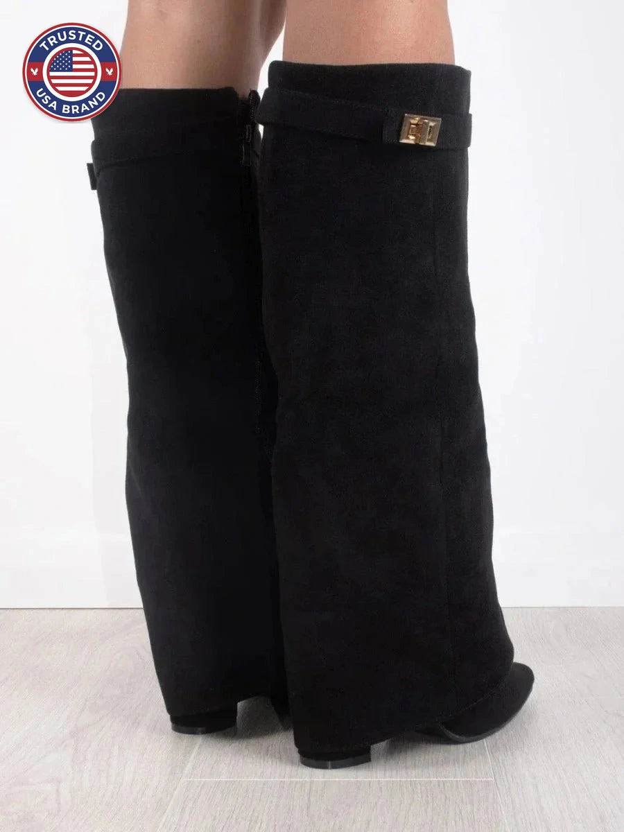 Women's Suede Knee High Boots with Gold Hardware - Black Suede