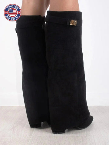 Women's Suede Knee High Boots with Gold Hardware - Black Suede