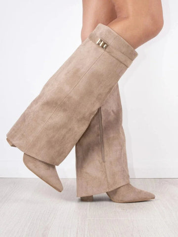 Women's Suede Knee High Boots with Gold Hardware - Black Suede