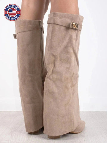 Women's Suede Knee High Boots with Gold Hardware - Black Suede