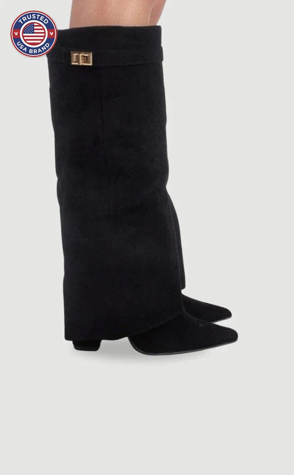 Women's Suede Knee High Boots with Gold Hardware - Black Suede