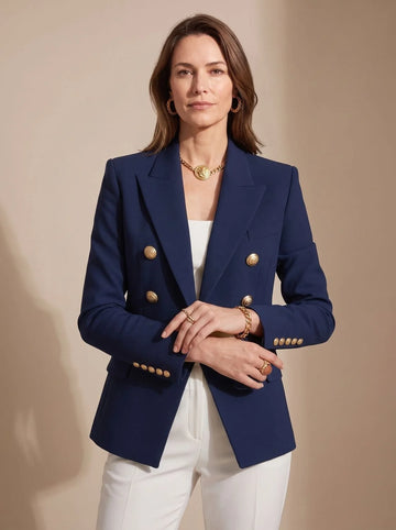 Women's tailored double-breasted gold-button winter blazer in Black