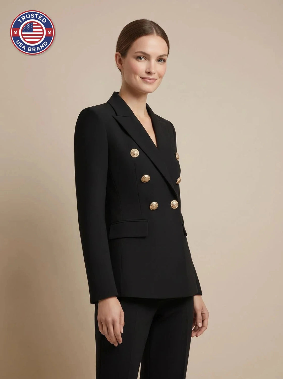 Women's tailored double-breasted gold-button winter blazer